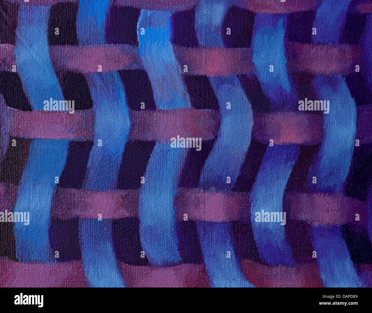 Un dipinto ad olio su tela di astratta di porpora e griglia di strisce su sfondo scuro. Foto Stock