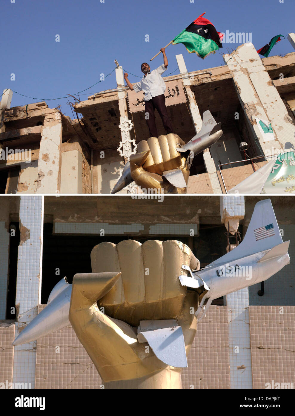 (Dpa) file - un file immagine datata 15 ottobre 2011 di un pugno di dorata di frantumazione ci un jet militare nella facciata di una casa di proprietà dal leader libico Muammar Gheddafi e distrutta da un attacco degli Stati Uniti dopo la LaBelle bombardamenti nel 1986 in piedi nei locali di Gheddafi composto a Tripoli, in Libia. Anche dopo la tempesta rivoluzionaria sul suo quartier generale Muammar Gheddafi rimane combattivo. Il 24 A Foto Stock