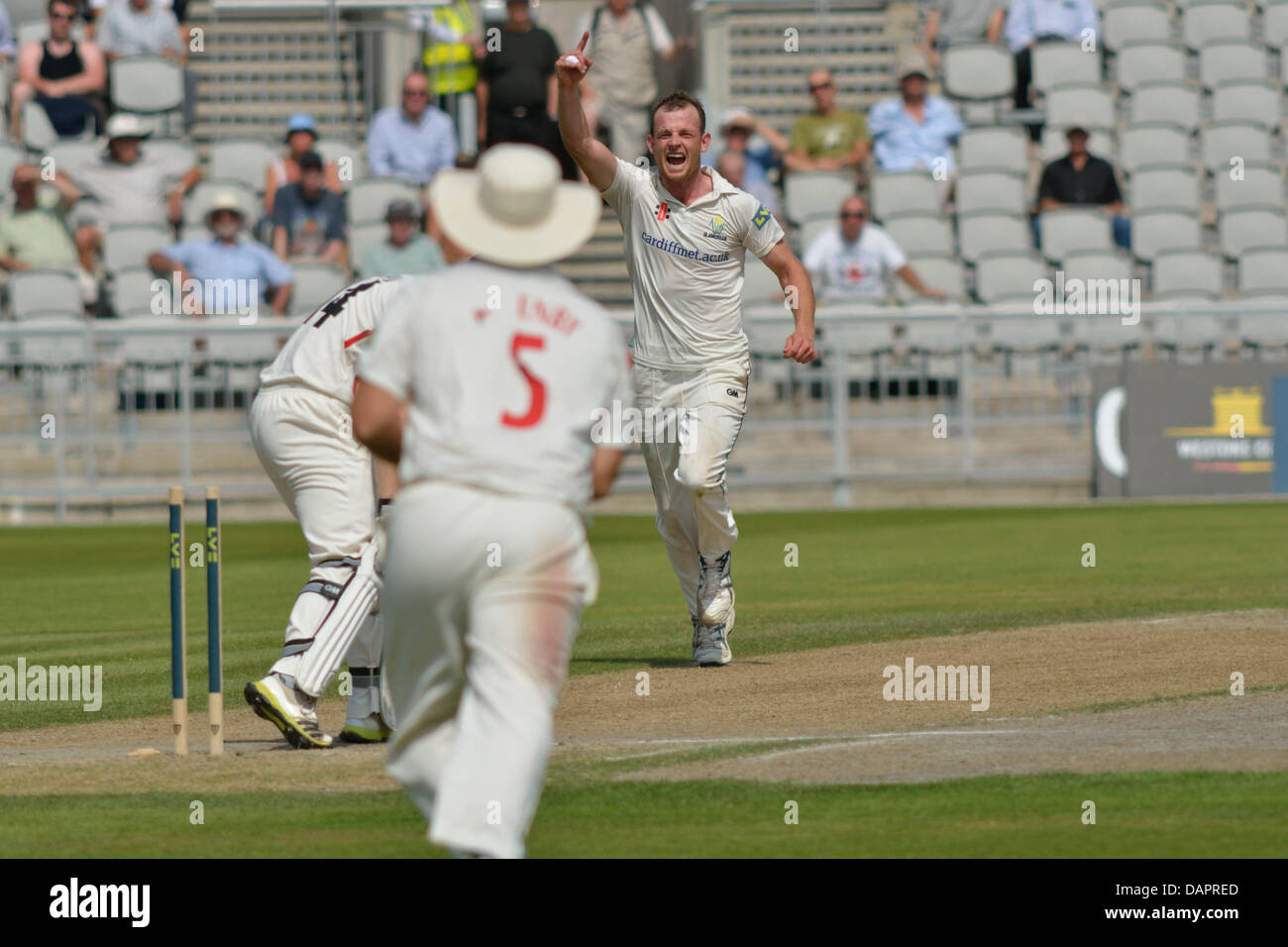 Manchester, Regno Unito. 17 Luglio, 2013. Graham Wagg (Glamorgan) festeggia il bowling fuori Karl marrone per 48 al mattino del terzo giorno di 4 giorno il match contro il Lancashire. Lancashire v Glamorgan Emirates Old Trafford, Manchester, UK 17 luglio 2013 Credit: Giovanni friggitrice/Alamy Live News Foto Stock