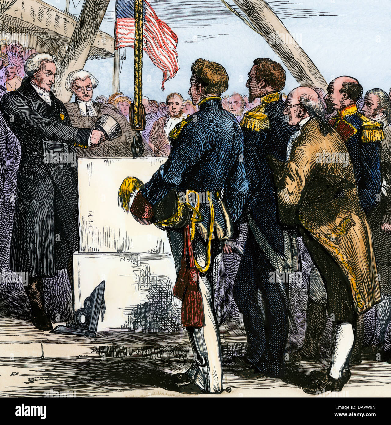 Lafayette la posa della prima pietra del monumento di Bunker Hill durante la sua visita a Boston, 1824. Colorate a mano la xilografia Foto Stock