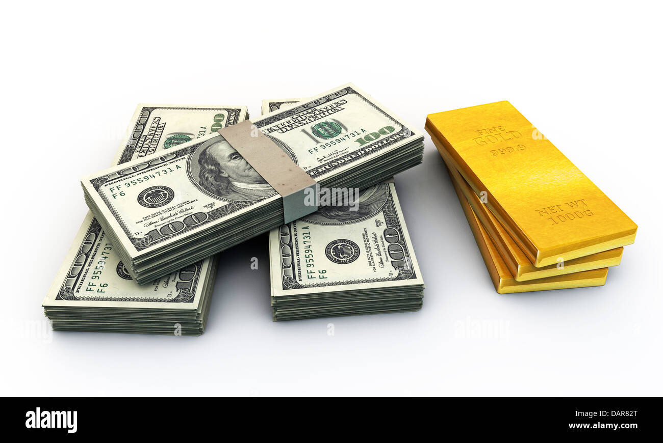Di dollari di stack e molti oro Lingotti isolati su sfondo bianco Foto Stock
