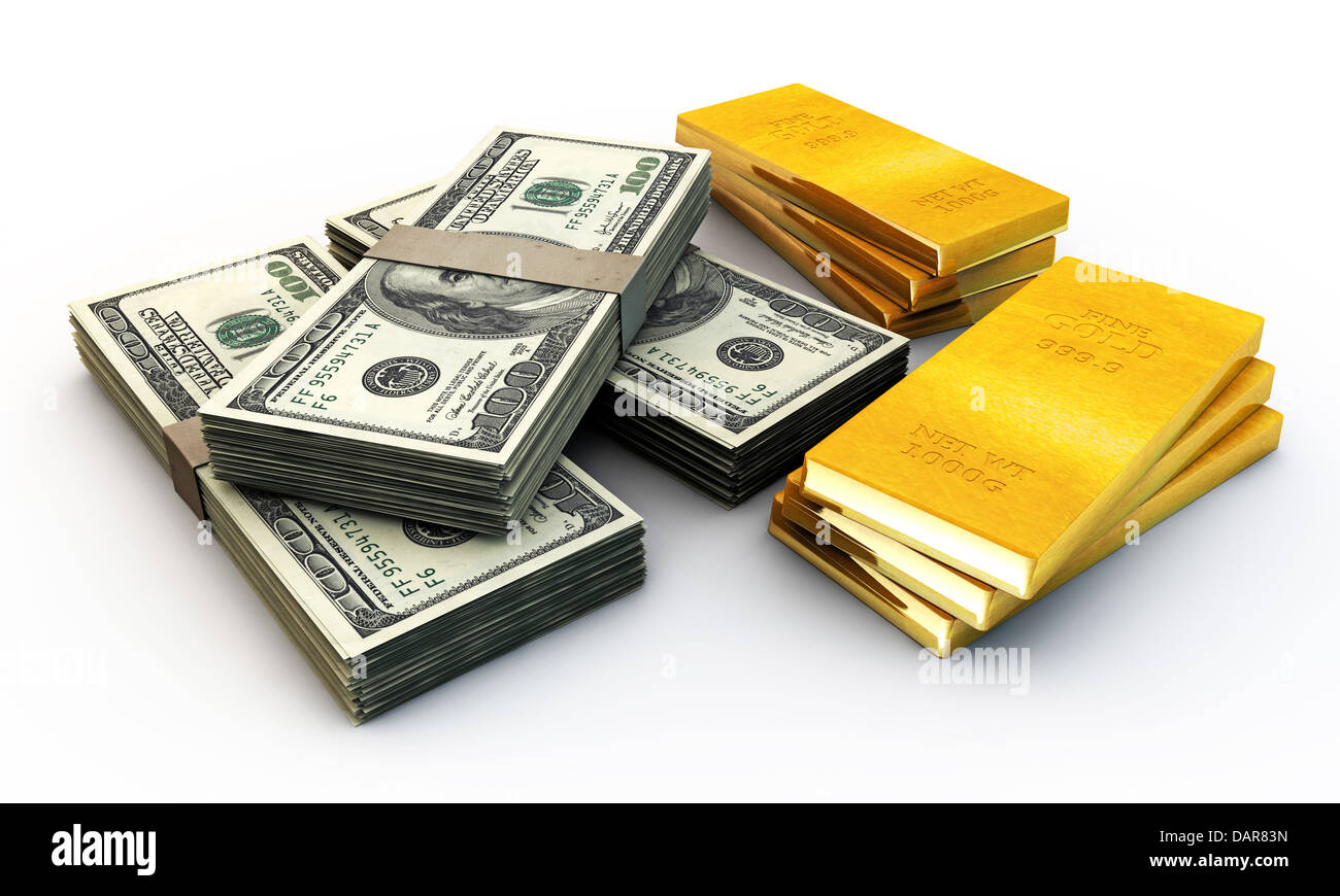 Di dollari di stack e molti oro Lingotti isolati su sfondo bianco Foto Stock