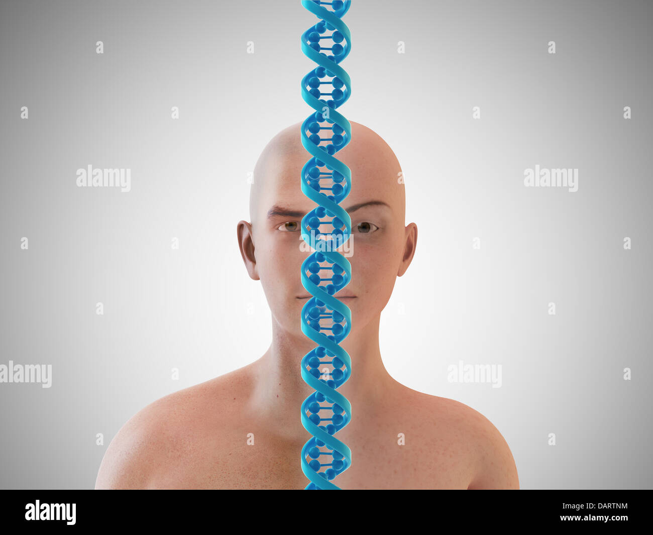 Un giovane uomo e una donna separati da una catena di DNA - Concetto di eredità Foto Stock