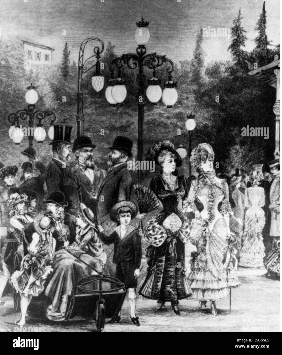 Geografia/viaggio, Germania, Wiesbaden, parchi, Kurpark in serata, a sinistra: direttore spa Heyl (con cappello), incisione in legno, circa 1880, diritti aggiuntivi-clearences-non disponibile Foto Stock
