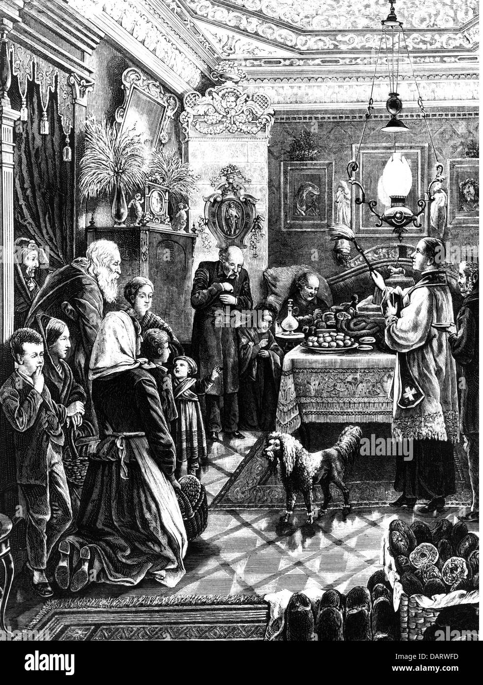 Festività, Pasqua, consacrazione degli alimenti pasquali alla ricca famiglia polacca, dopo abbozzo di Franz Jüttner (1865 - 1926), incisione del legno, circa 1900, Additional-Rights-Clearences-non disponibile Foto Stock