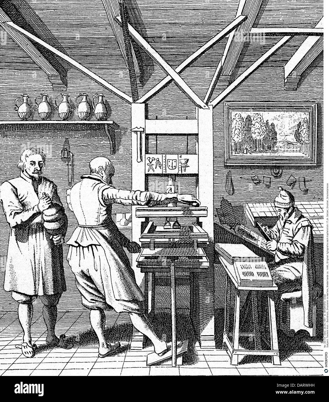 Technics, stampa tipografica / media, print shop in Harlem, Paesi Bassi, circa 1440, artista del diritto d'autore non deve essere cancellata Foto Stock