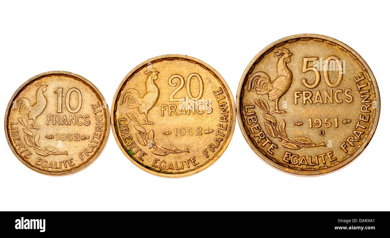 Vecchio franco francese monete (1950) 10, 20 e 50 franchi vecchi Foto Stock
