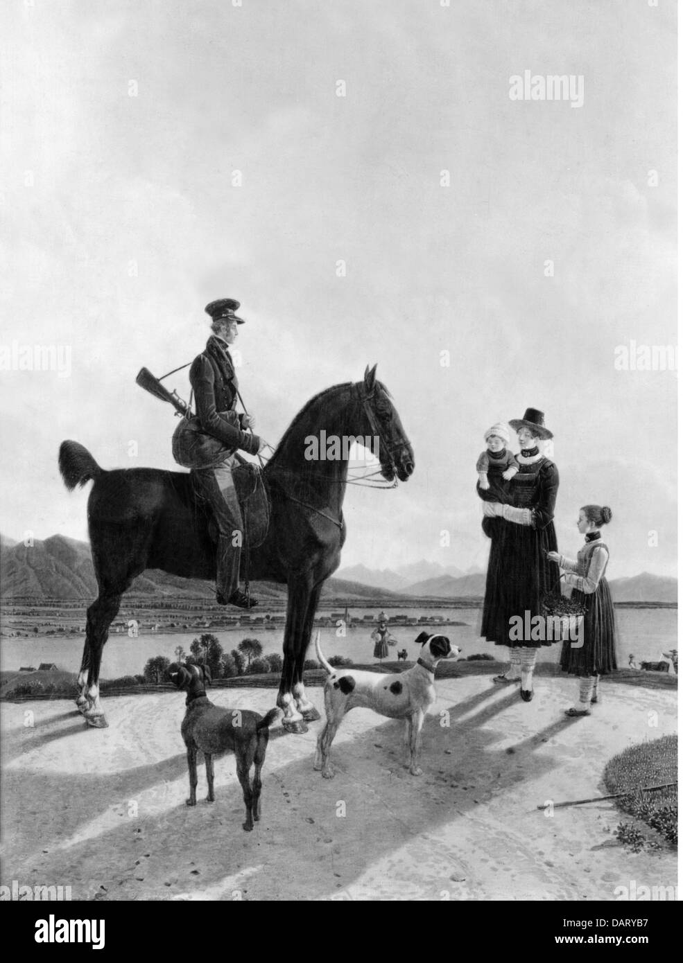 La caccia la caccia sul cavallo, 'Rider sul lago Tegernsee" (Reiter am Tegernsee), dipinto di Wilhelm von Kobell (1766 - 1855), secolo XIX, dettaglio, artista del diritto d'autore non deve essere cancellata Foto Stock