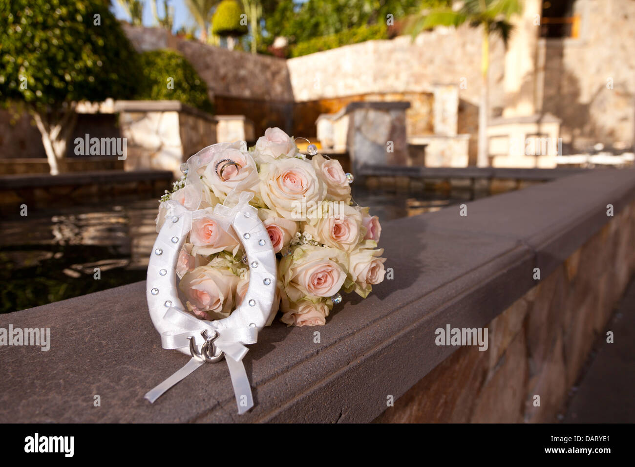 Bouquet nuziale con gli anelli di nozze e fortunato a ferro di cavallo Foto Stock