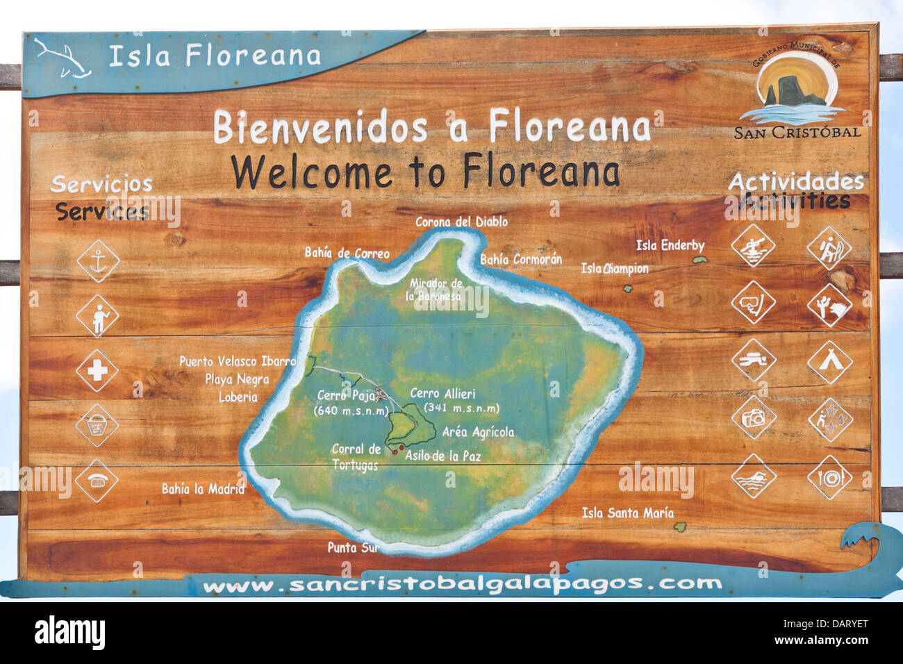 Mappa di isola Floreana, Isole Galapagos, Ecuador Foto Stock