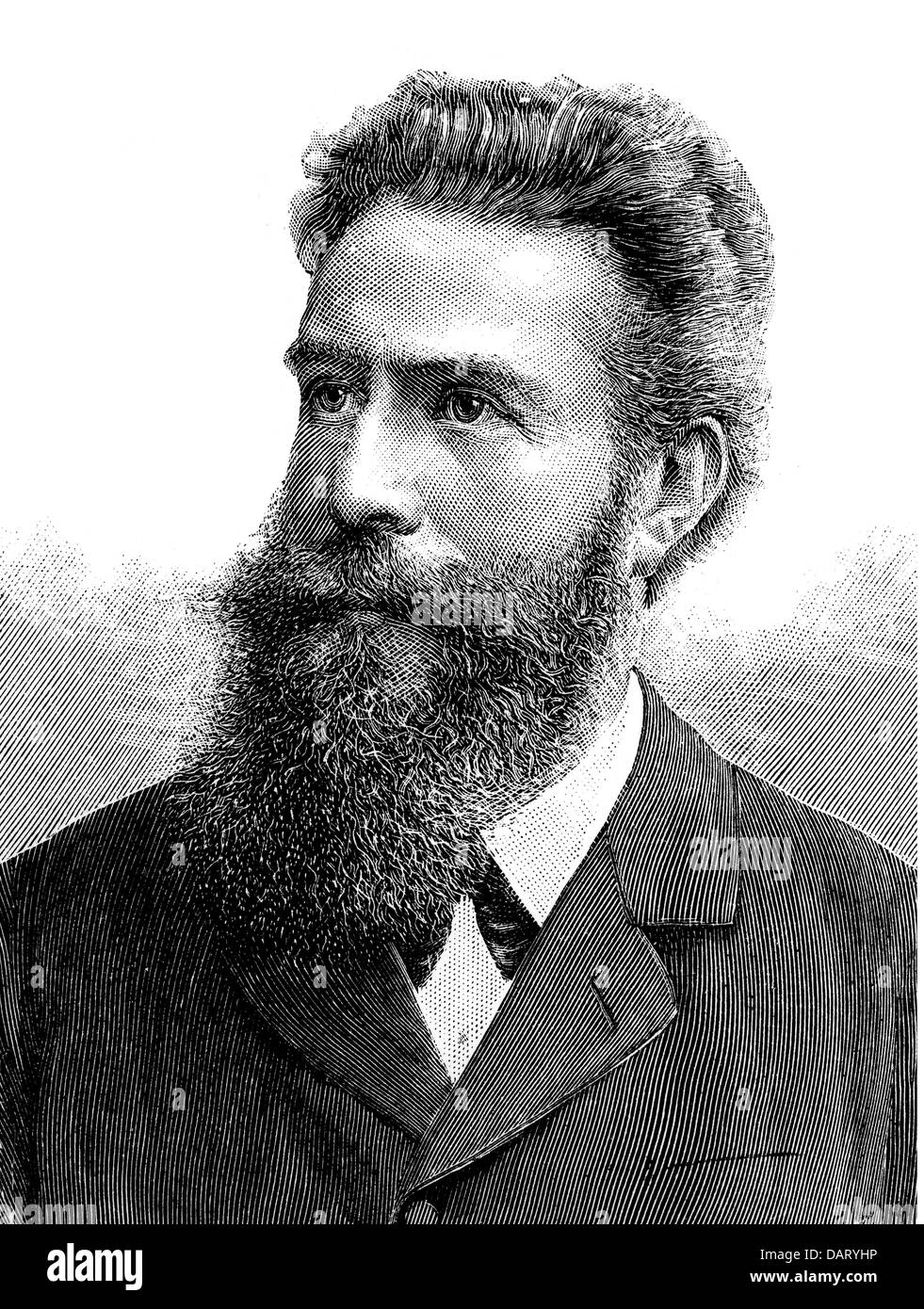 Roentgen, Wilhelm Conrad, 27.3.1845 - 10.2.1923, scienziato tedesco (fisico), ritratto, incisione in legno, 19th secolo, Foto Stock