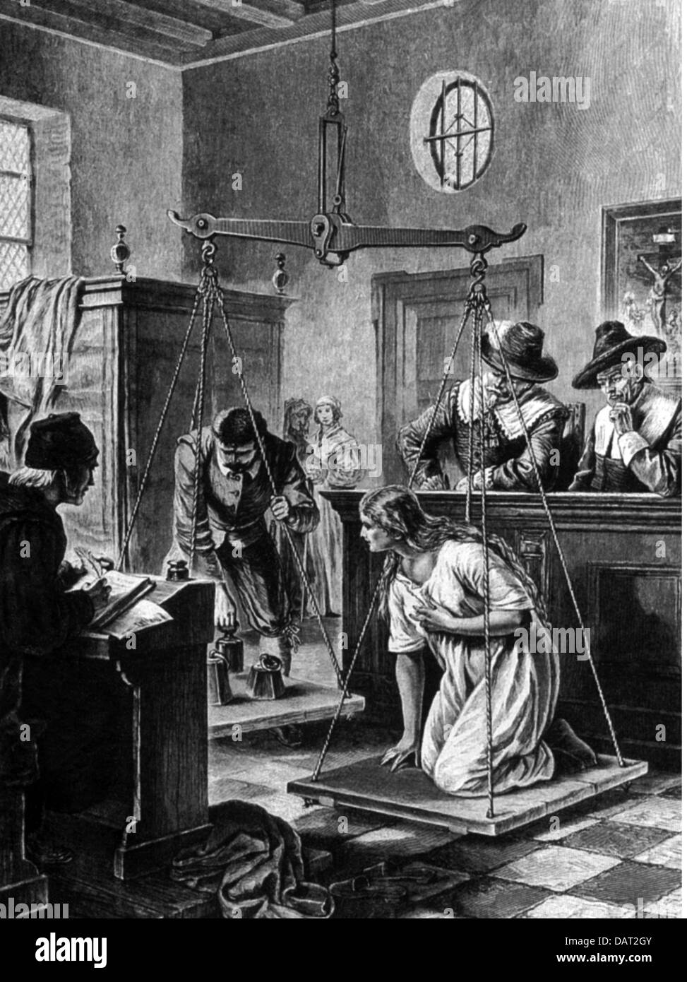 Strega, caccia alle streghe, scala delle streghe di Oudewater nel 17 ° secolo, incisione del legno, 19 ° secolo, Olanda, Paesi Bassi, Calvinisti, Calvinismo, Calvinismo, pesatura di giudizio, giustizia, giudici, processo, 17 ° secolo, storico, non, persone, diritti aggiuntivi-clearences-non disponibili Foto Stock