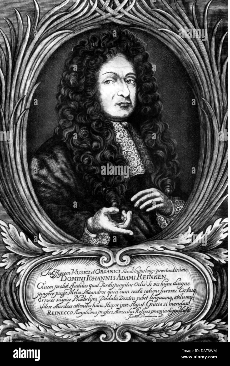 Reinken, Johan Adam, 26.4.1623 - 24.11.1722, musicista tedesco (compositore), organista di Amburgo, ritratto, con perig, didascalia latina, circa 18th secolo, Foto Stock