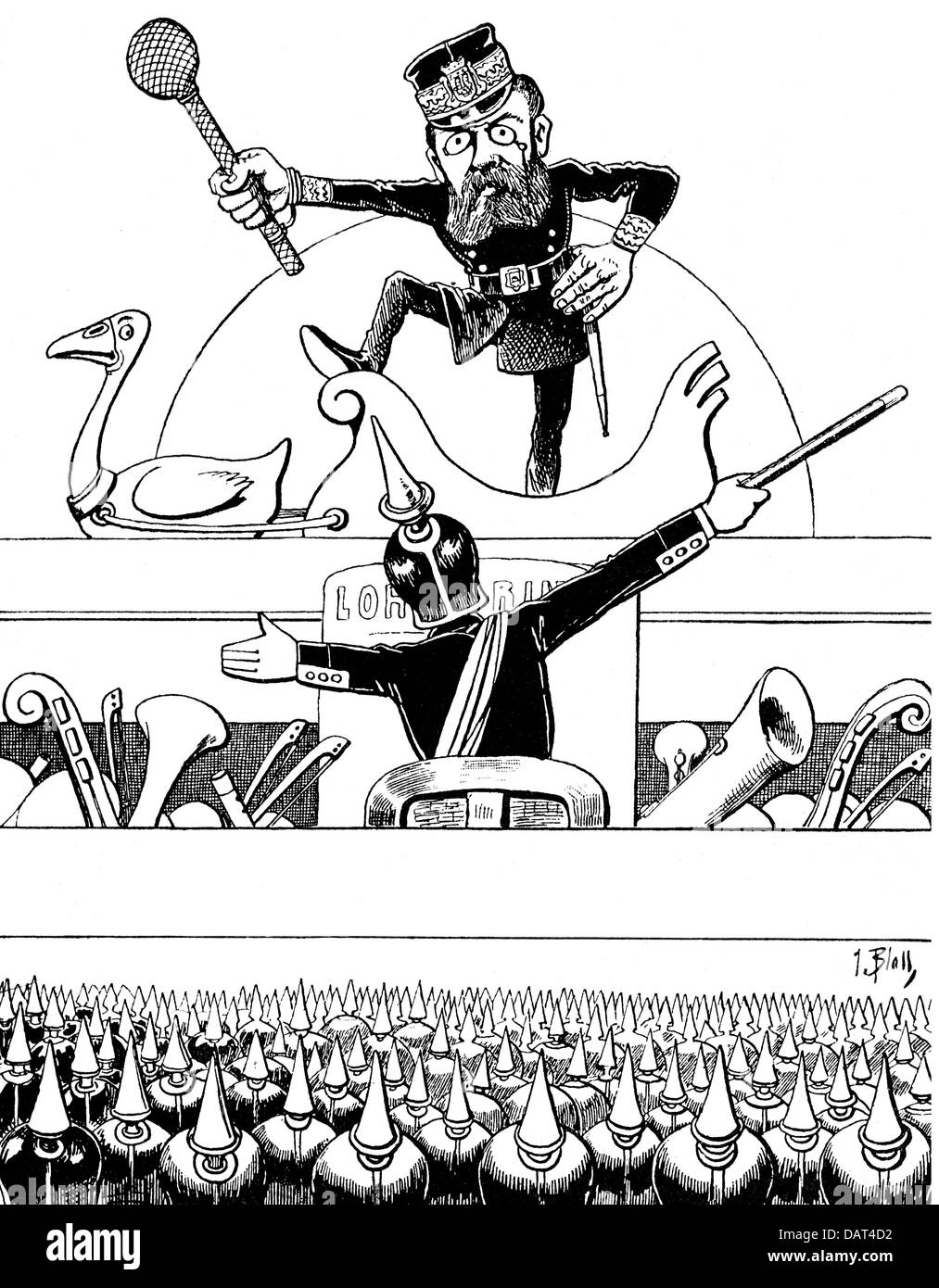 Wagner, Richard, 1813 - 1883, opera "Lohengrin", disegno di J. Blass, caricatura della rappresentazione a Parigi, 1891, Foto Stock