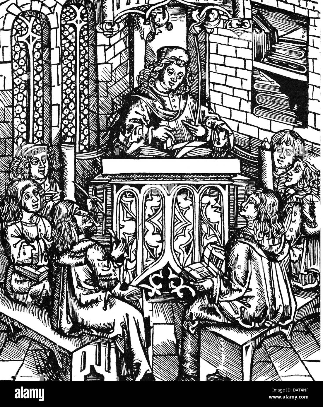 Pedagogia, università, professore di medicina durante una lezione, taglio di legno, Hieronymus Brunschwig: 'Liber de arte discorsi de Compositis', stampato da Hans Grueninger, Strasburgo, 1512, diritti aggiuntivi-clearences-non disponibile Foto Stock