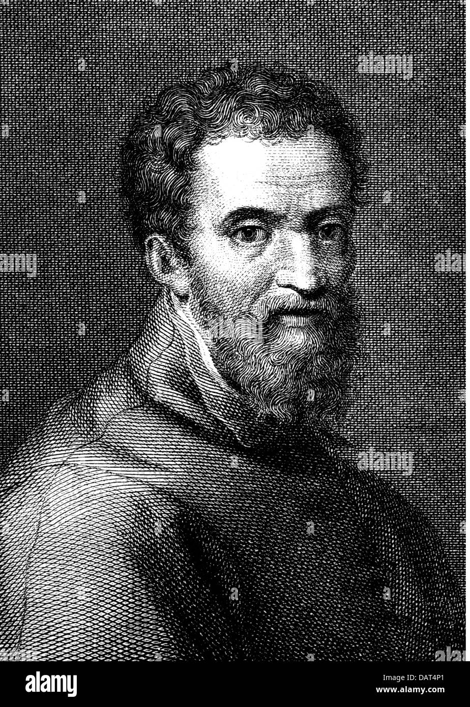 Michelangelo, 6.3.1475 - 18.2.1564, artista italiano (scultore, pittore), ritratto, basata sulla pittura da Giorgio Vasari (1511 - 1574), incisione su rame di G. Cantini, circa 1600, artista del diritto d'autore non deve essere cancellata Foto Stock