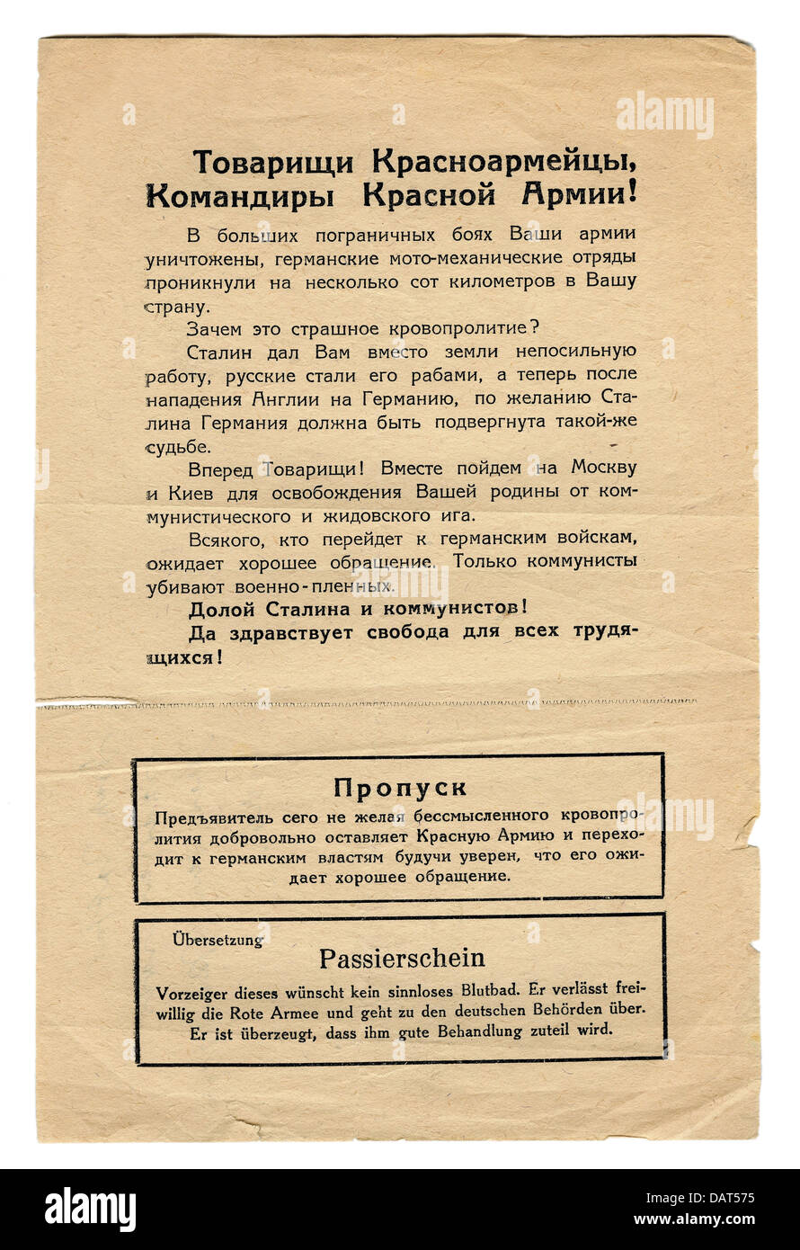 Eventi, seconda guerra mondiale / seconda guerra mondiale, propaganda, volantino tedesco con pass per i soldati sovietici, 1941, diritti aggiuntivi-clearences-non disponibile Foto Stock