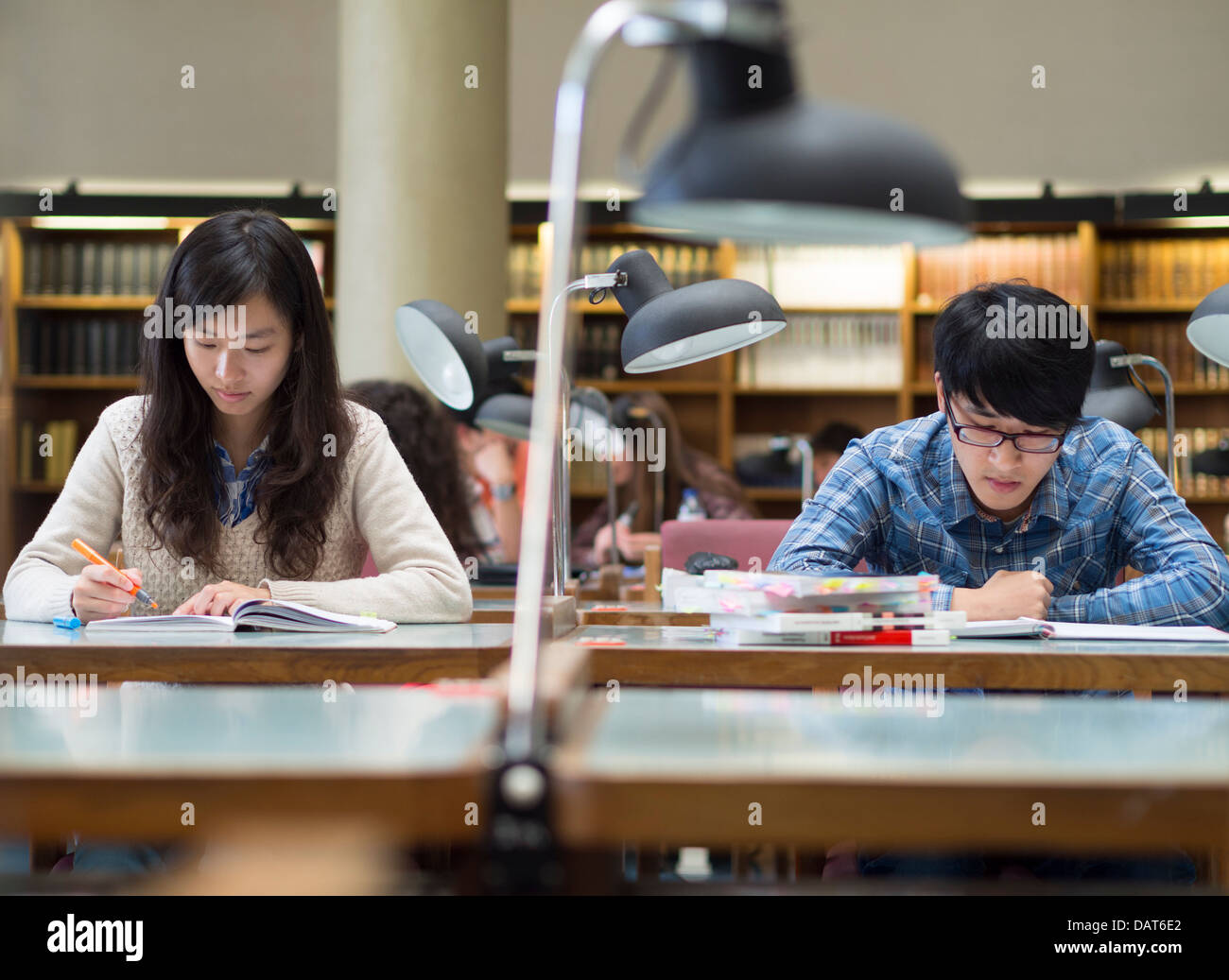 Due studenti asiatici che studiare in biblioteca Foto Stock