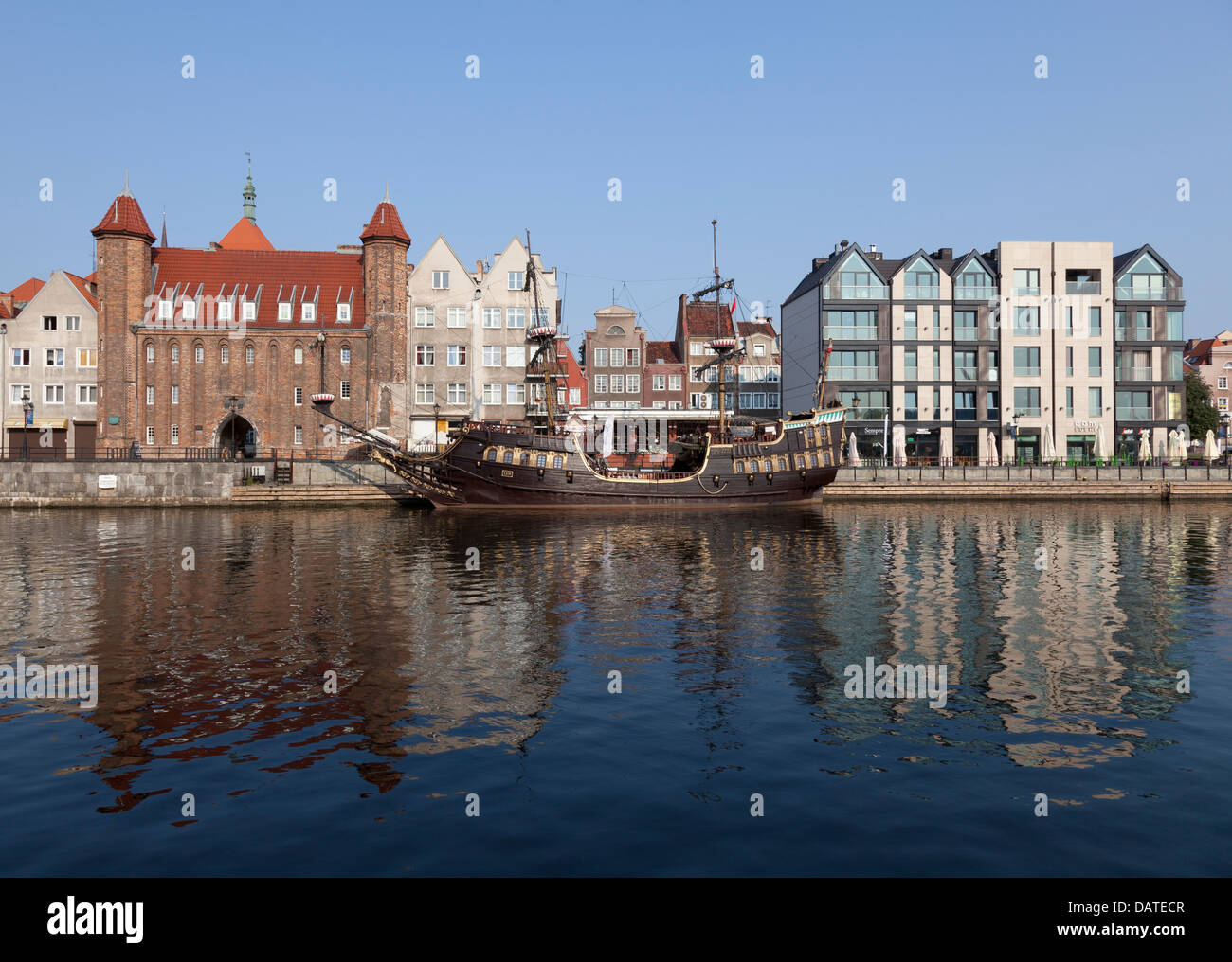 Old Town Waterfront oltre il fiume Motlawa a Danzica, Polonia Foto Stock