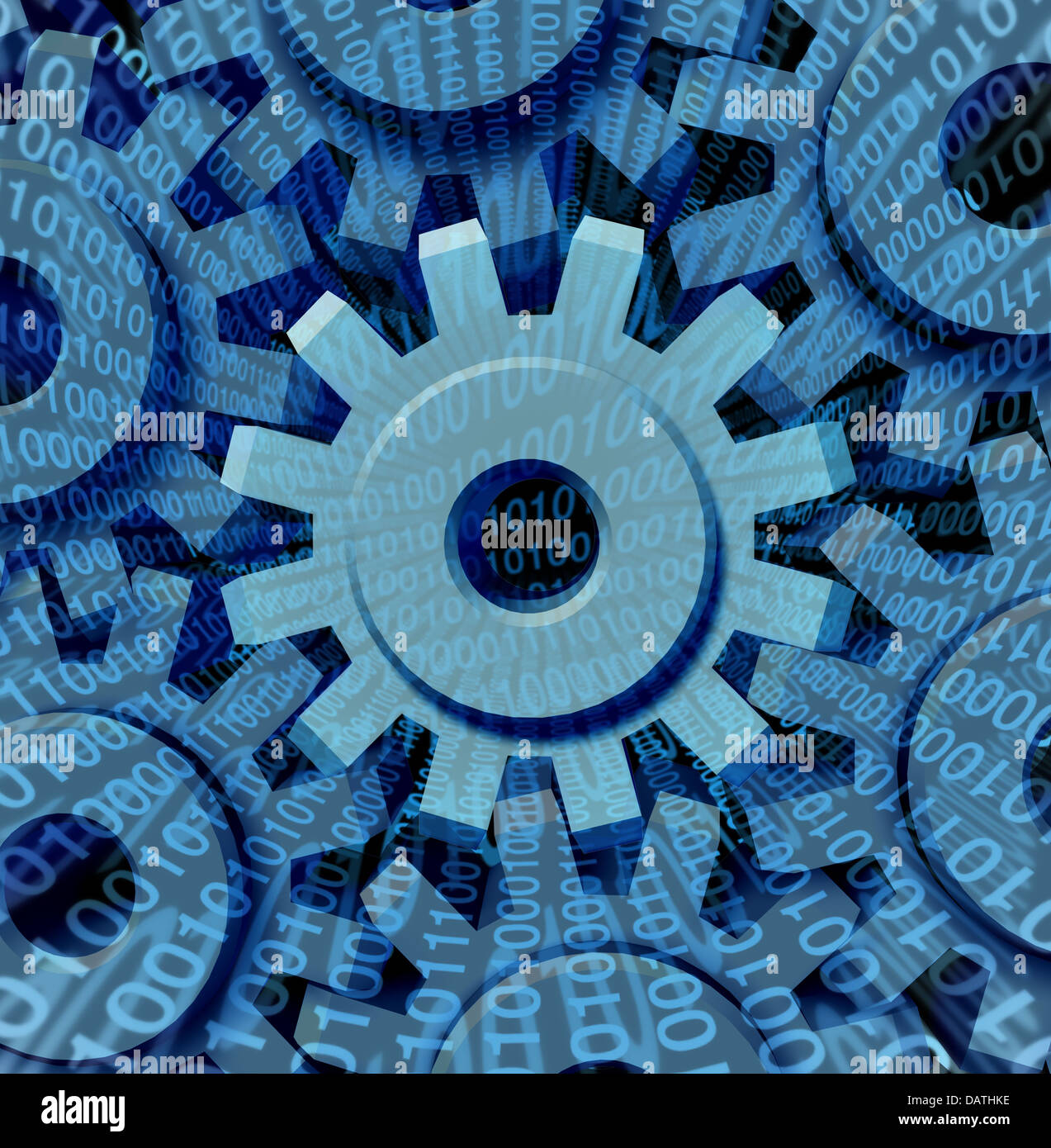 Il trasferimento dei dati e il settore digitale per internet business per caricare e scaricare con un gruppo di ingranaggi e ruote cog collegati tra di loro in una rete con un codice binario lo streaming tramite la tecnologia di macchina. Foto Stock