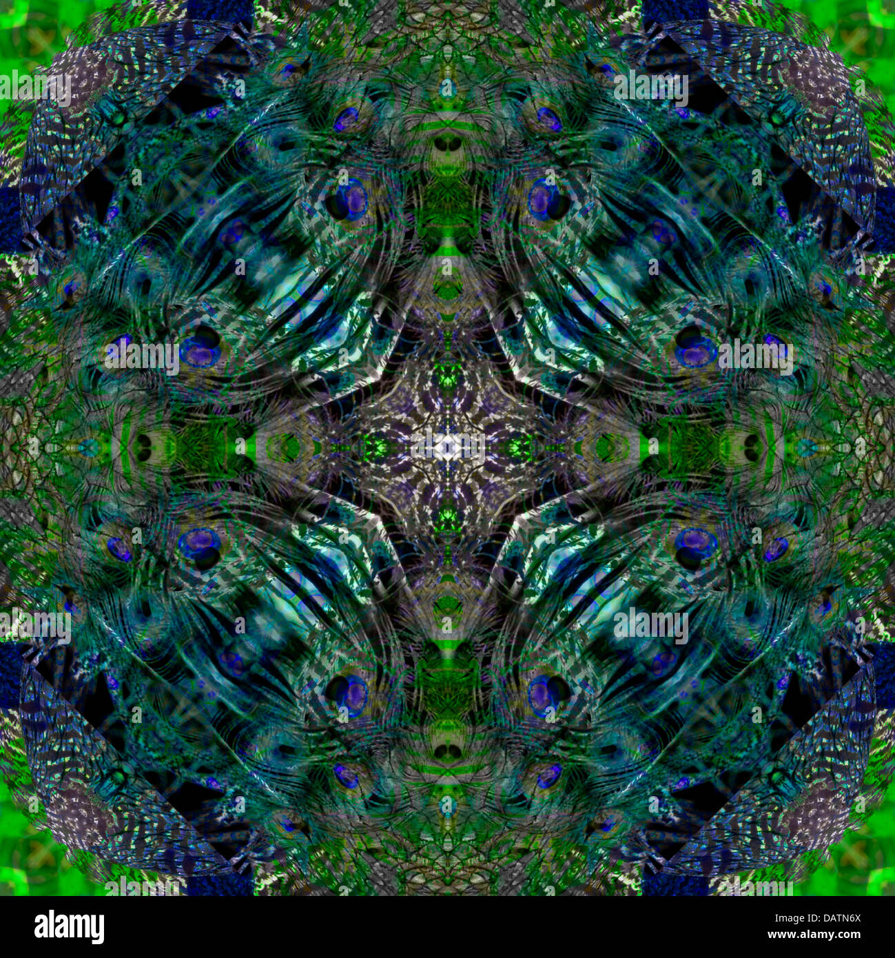 Manipolati digitalmente astratta immagine quadrata di un pavone.che si traduce in un incredibile caleidoscopio simmetrica di blu e verdi Foto Stock