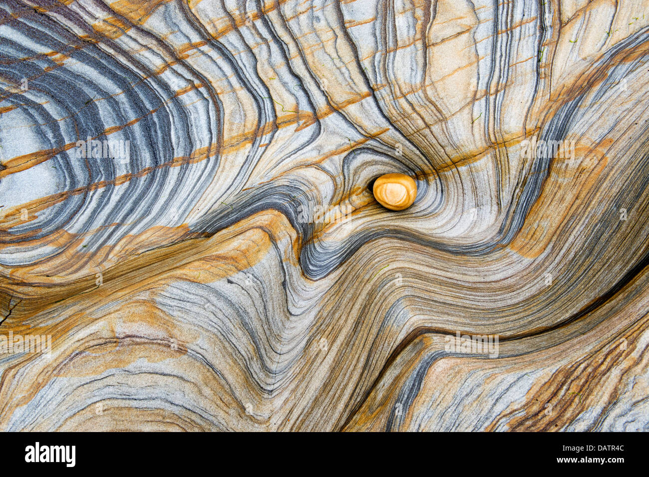 Arenaria di strati di roccia e di ghiaia pattern. Northumberland Costa, Inghilterra Foto Stock