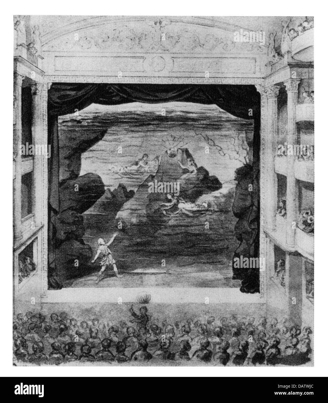 teatro, opera, 'Das Rheingold', di Richard Wagner, prima mondiale, scena 1, Royal Court e Teatro Nazionale, Monaco, 22.9.1869, dopo l'acquerello, Museo del Teatro, Monaco, diritti aggiuntivi-clearences-non disponibile Foto Stock
