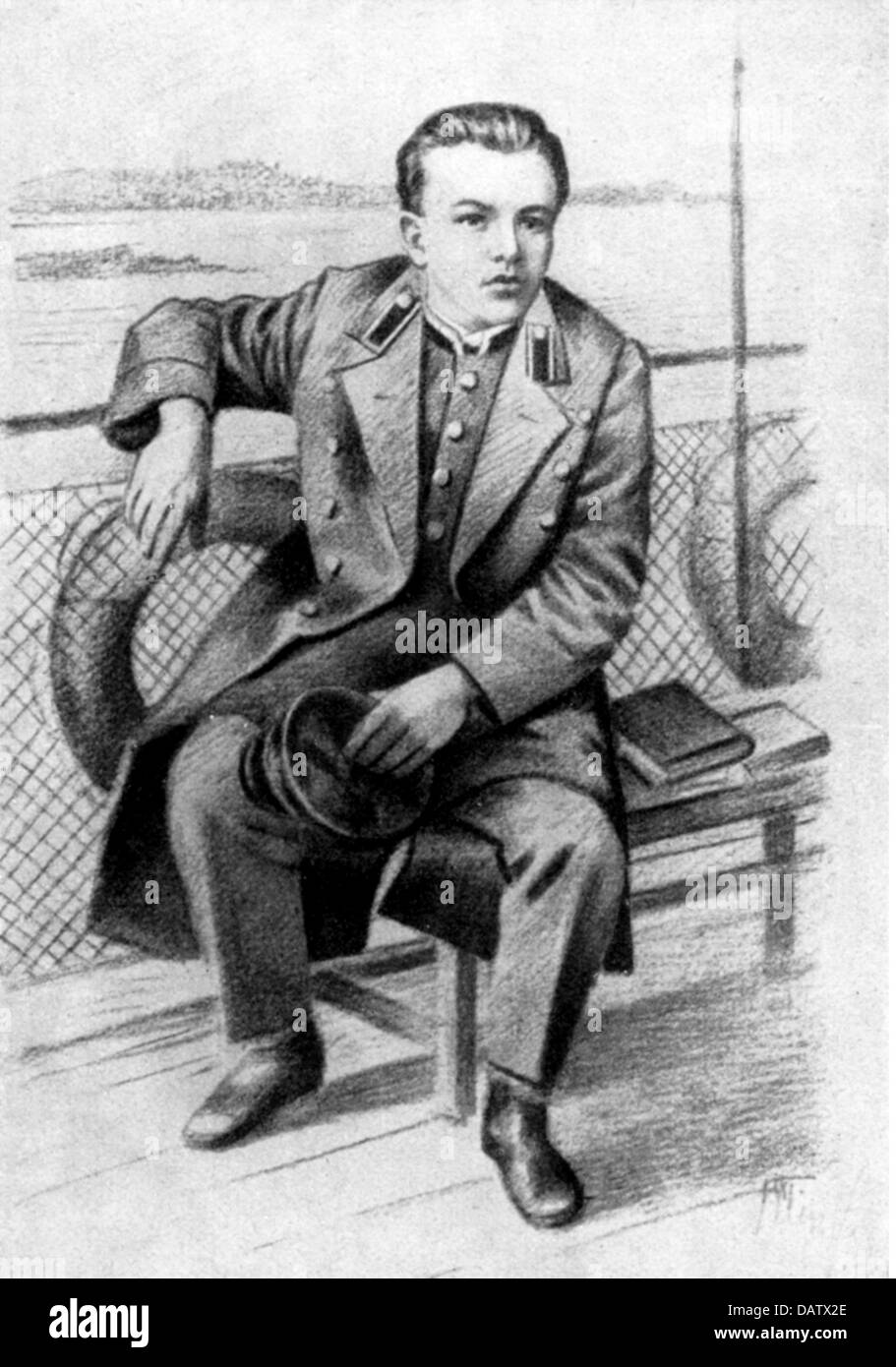 Lenin (Vladimir Ilyich Ulyanov), 22.4.1870 - 21.1.1924, politico russo, a tutta lunghezza, in viaggio per Kazan dopo la laurea alla scuola secondaria, 1887, dopo aver disegnato N.Pavlov, Foto Stock