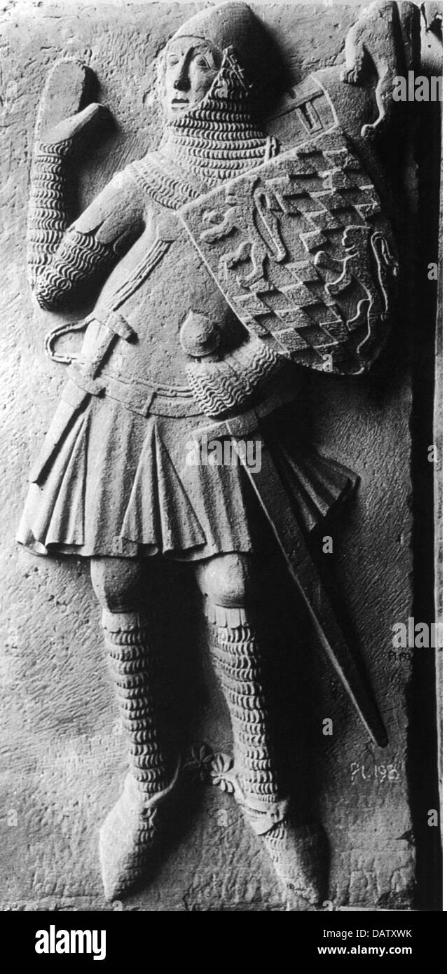 Rudolf i 'The Stammer', 4.10.1274 - 12.8.1319, Duca dell'alta Baviera e Conte Palatinato del Reno 2.2.1294 - 12.8.1319, a tutta lunghezza, bandiera, ciclo dell'elettore di Magonza, circa 1340, Foto Stock