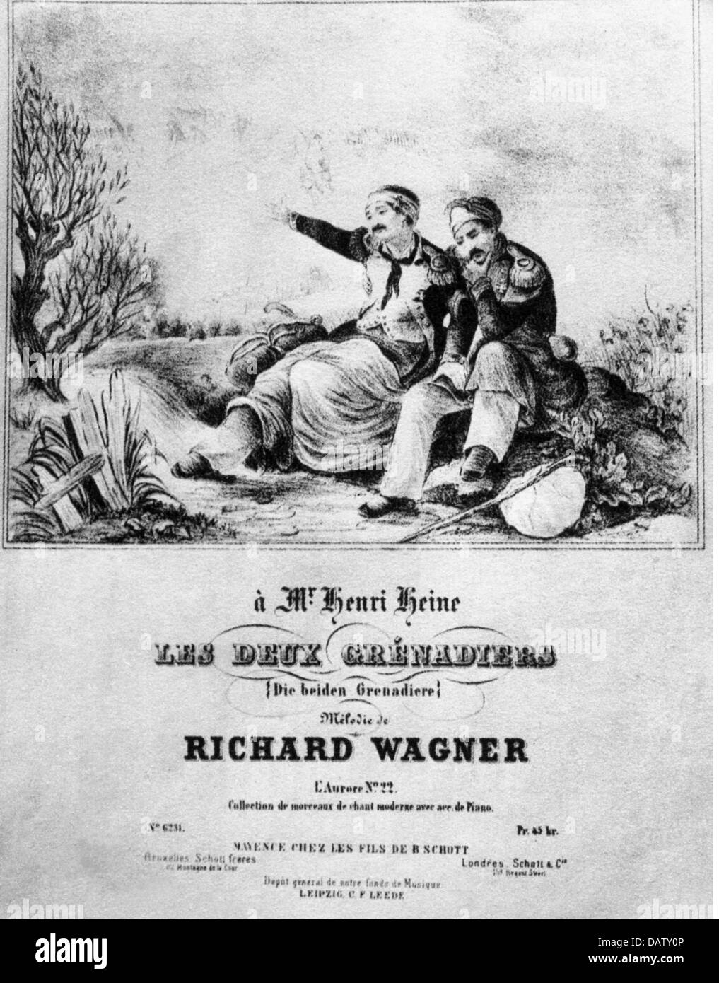 Wagner, Richard, 22.5.1813 - 13.2.1883, compositore tedesco, 'Les deux Grenadiers' (I Due Grendiers), versione musicale della ballata di Heinrich Heine (1797 - 1856), titolo, disegno di E.B.Kietz, editori Söhne di B.Schott, Magonza, 1840, Foto Stock