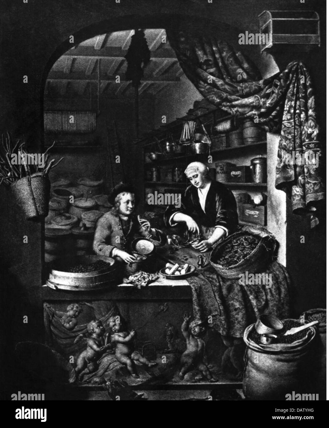 Commercio, negozi, 'The Corner Shop', dopo la pittura, di Willem van Mieris, (1662 - 1747), 18 ° secolo, diritti aggiuntivi-clearences-non disponibile Foto Stock