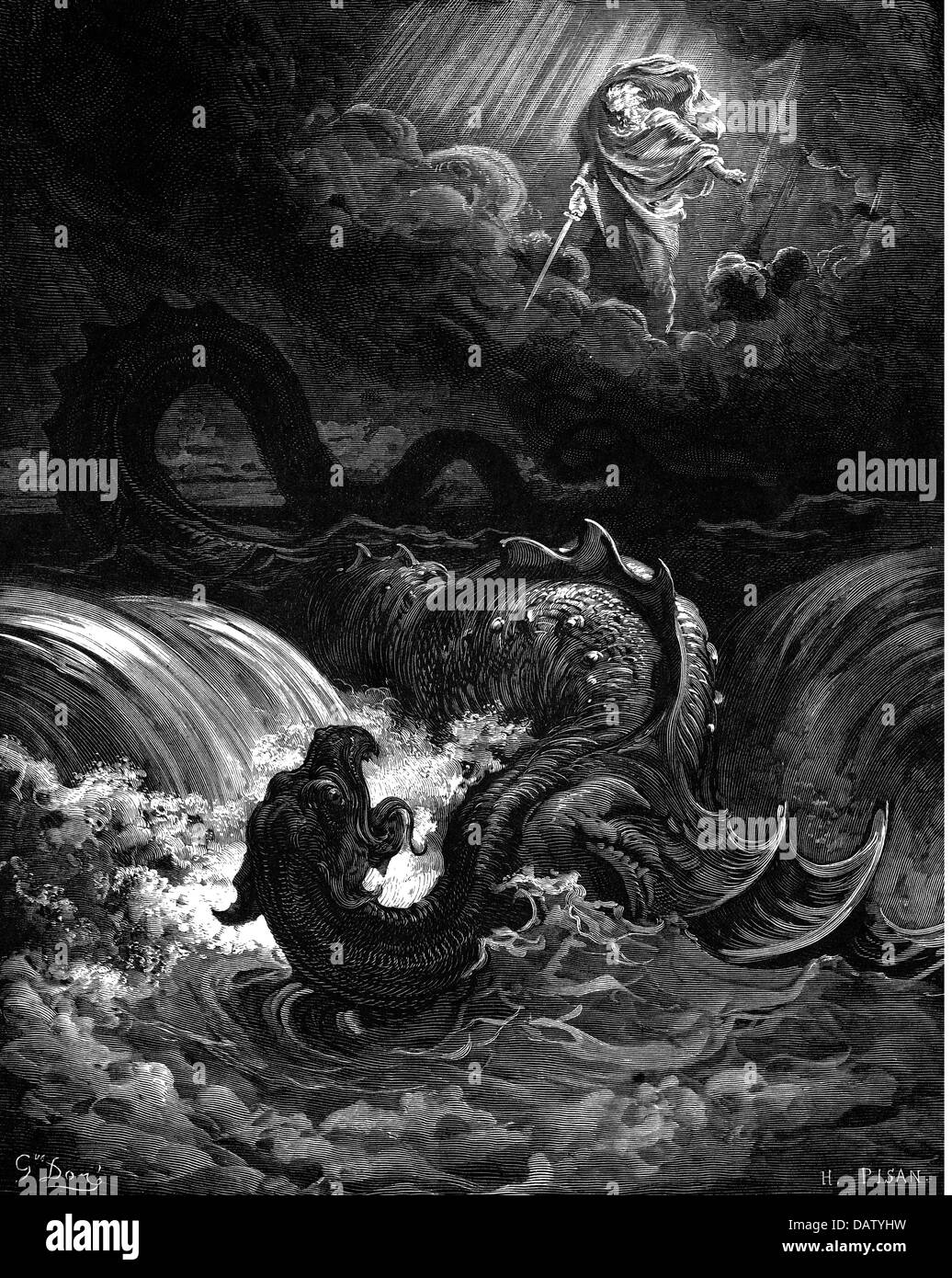 La religione, scene bibliche, "distruzione di Leviathan', incisione su legno per la Bibbia da Gustave Doré, 1866, artista del diritto d'autore non deve essere cancellata Foto Stock