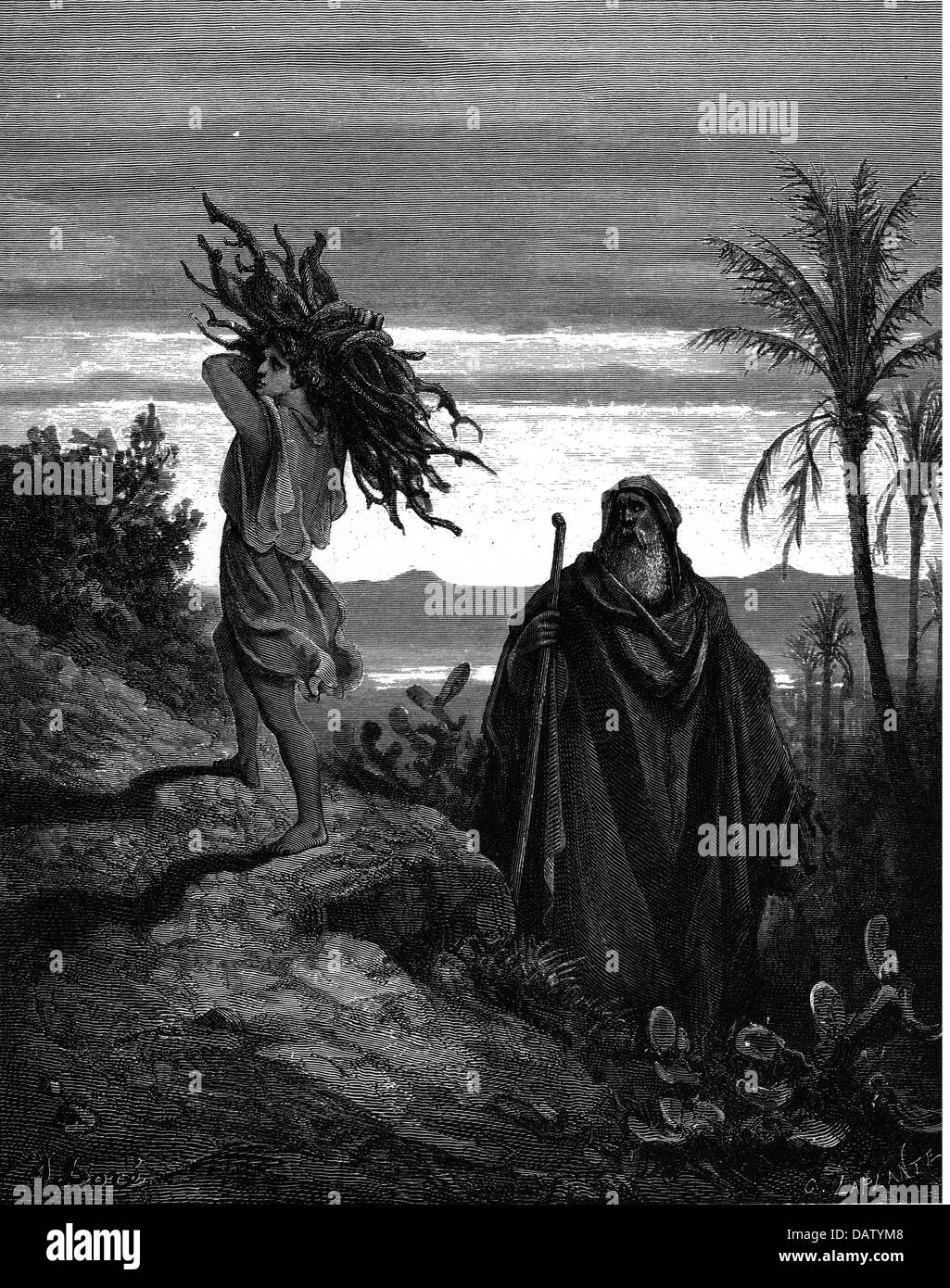 La religione, scene bibliche, 'Sacrifice di Issac', incisione su legno per la Bibbia da Gustave Doré, 1866, artista del diritto d'autore non deve essere cancellata Foto Stock