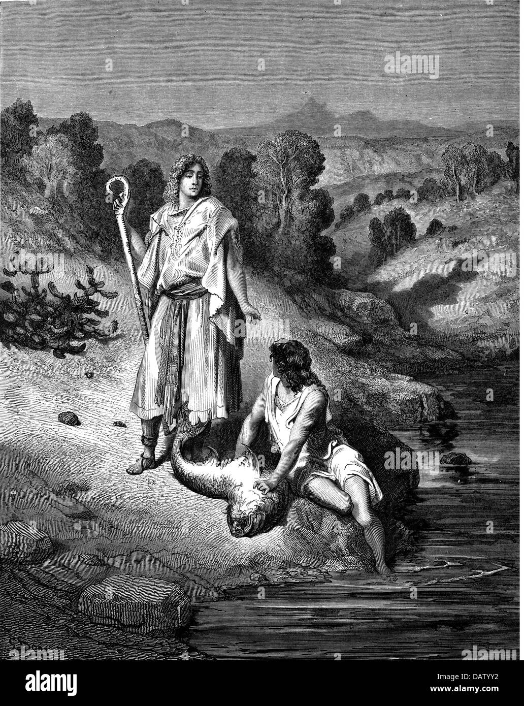 La religione, scene bibliche, "Tobias ad l'Angelo', incisione su legno per la Bibbia da Gustave Doré, 1866, artista del diritto d'autore non deve essere cancellata Foto Stock