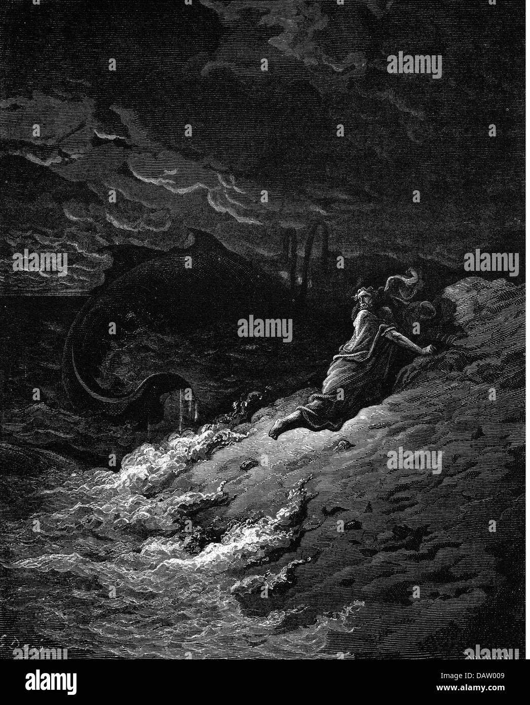 La religione, scene bibliche, "Giona gettato nella balena", incisione su legno per la Bibbia da Gustave Doré, 1866, artista del diritto d'autore non deve essere cancellata Foto Stock