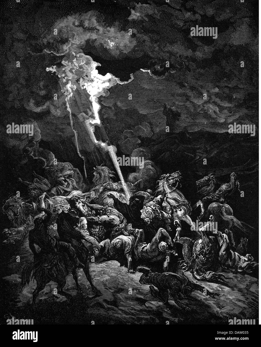 La religione, scene bibliche, "Elias avente fuoco caduta dal cielo", incisione su legno per la Bibbia da Gustave Doré, 1866, artista del diritto d'autore non deve essere cancellata Foto Stock
