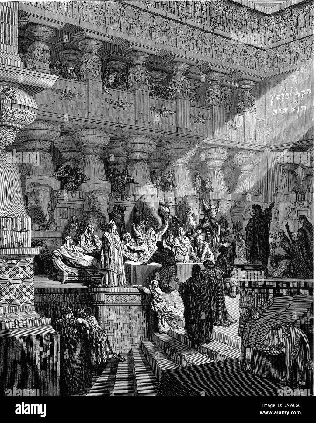 La religione, scene bibliche, "la festa di Belshatsar', incisione su legno per la Bibbia da Gustave Doré, 1866, artista del diritto d'autore non deve essere cancellata Foto Stock