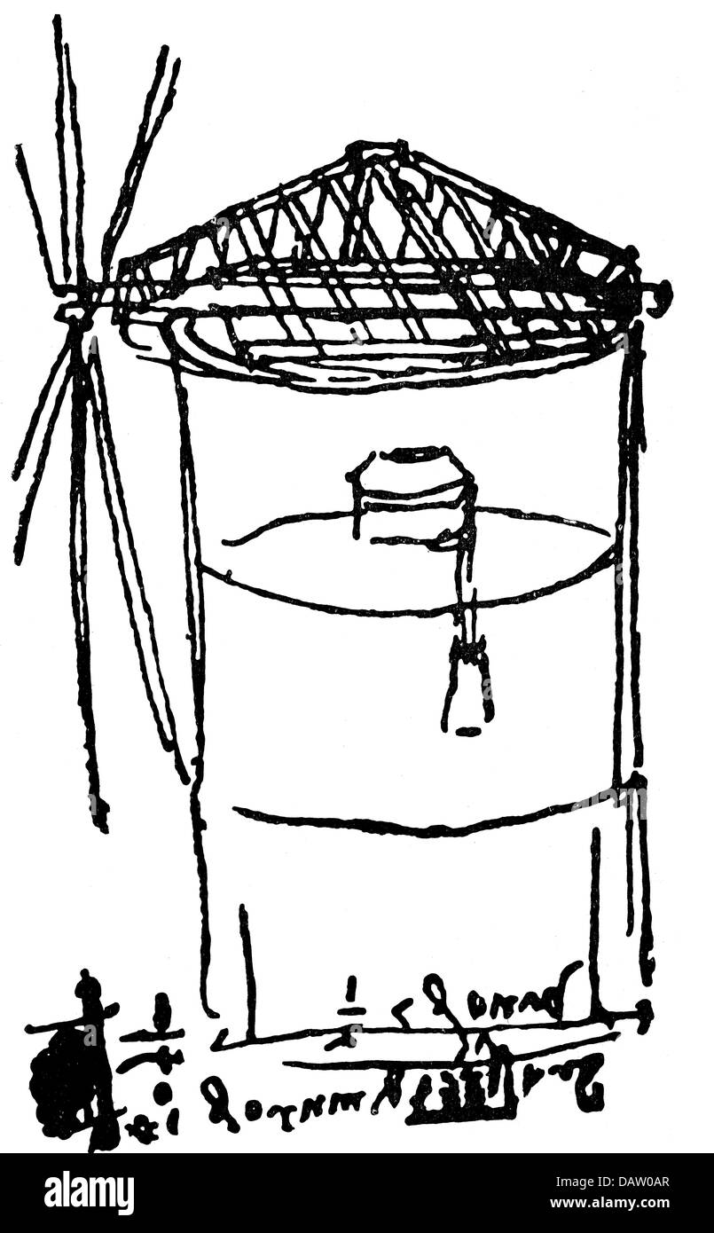 Energia, vento, mulini a vento, disegno per un mulino a vento con tetto girevole, di Leonardo da Vinci (1452 - 1519), disegno, 1500, diritti-aggiuntivi-clearences-non disponibile Foto Stock