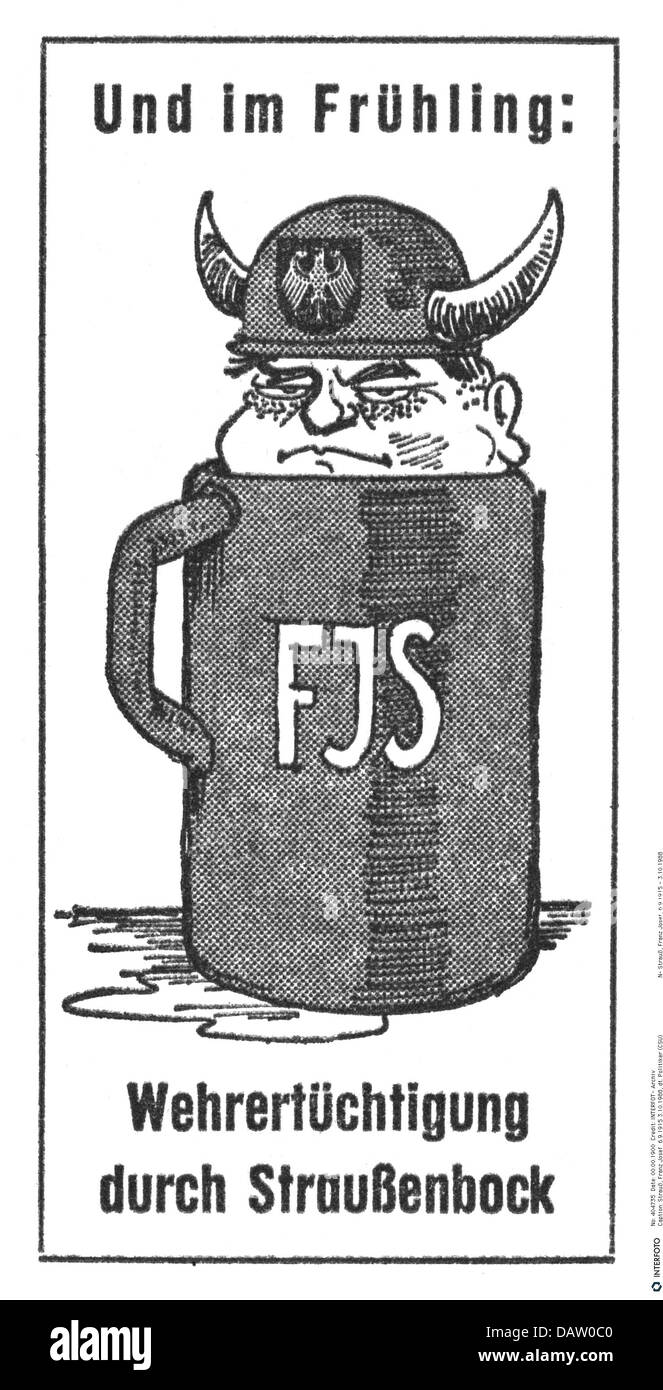 Strauss, Franz Josef, 6.9.1915 - 3.10.1988, politico tedesco (CSU), caricatura, Strauss come ministro della difesa in una tazza di birra, disegno, 1960, Foto Stock