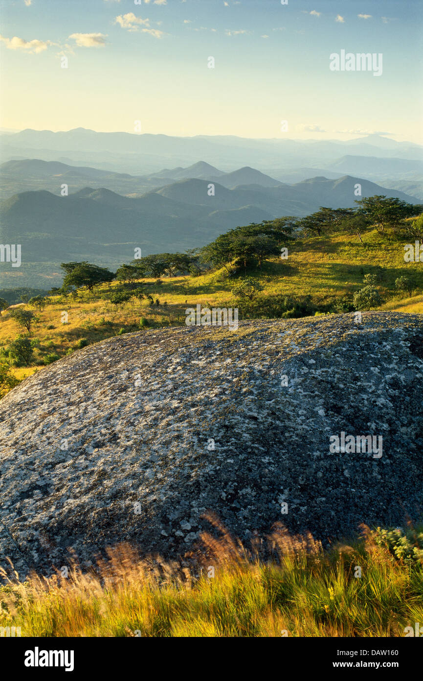 Fotografia che si affaccia sulle dolci colline e montagne dell'altopiano Nyika Park, Malawi Foto Stock