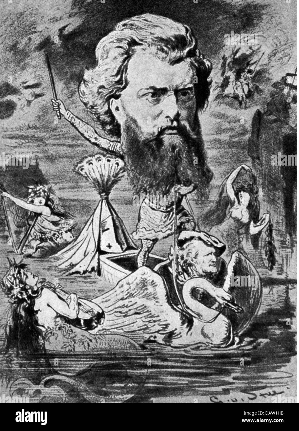 Richter, Hans (Janos), 4.4.1843 - 4.12.1916, musicista ungherese tedesco (direttore d'orchestra), ritratto, caricatura, disegno di 'er Floh', 1875, Foto Stock