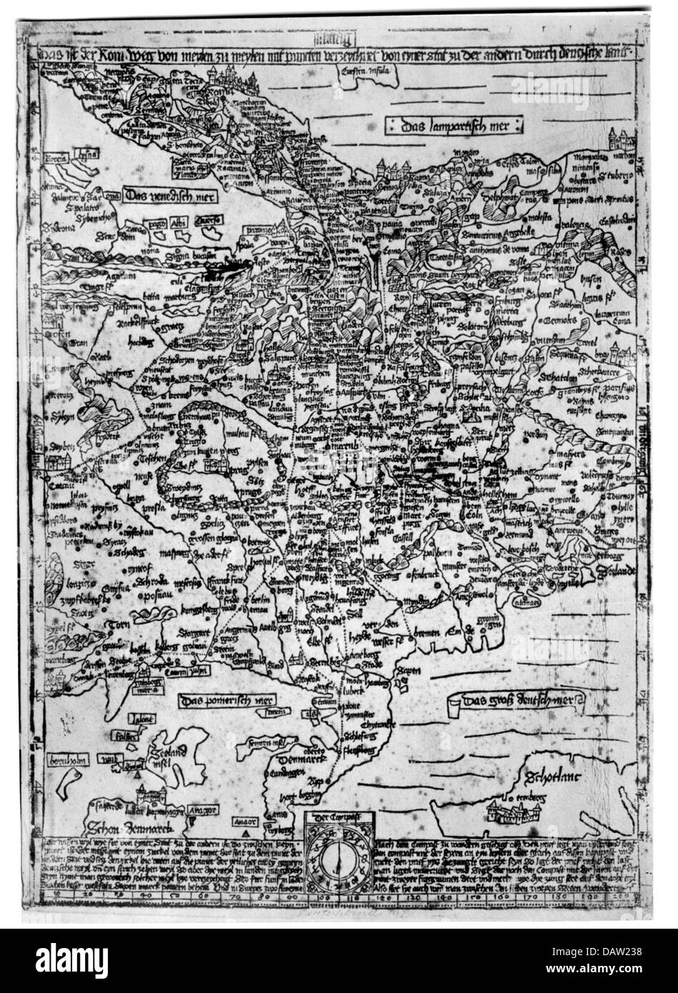 Cartografia, mappa, Medioevo, Europa Centrale, 'la via di Roma' di Erhard Etzlaub, taglio di legno, Norimberga, circa 1492, diritti aggiuntivi-clearences-non disponibile Foto Stock