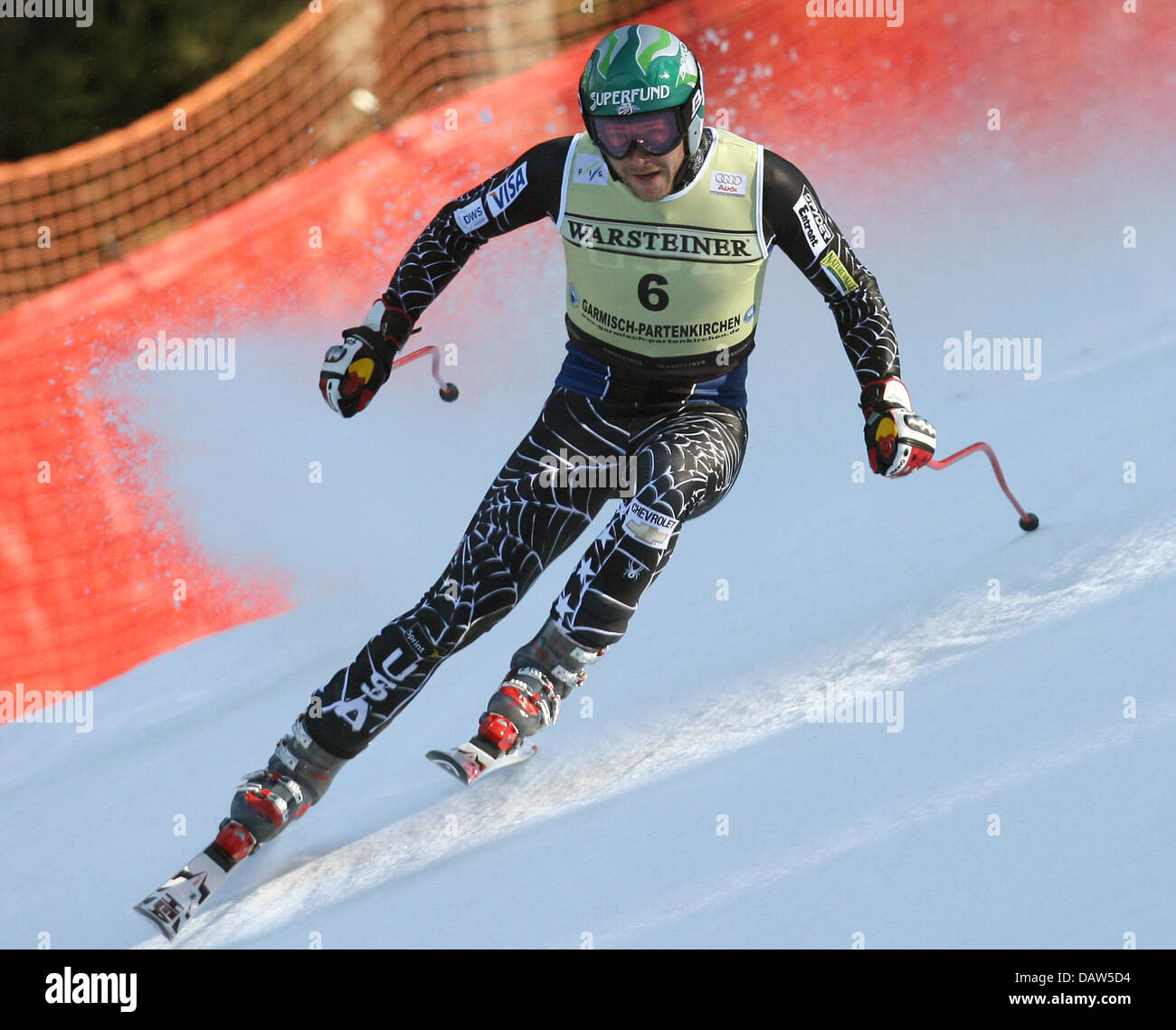 US-American Bode Miller è raffigurato durante una sessione di formazione per la Coppa del Mondo di Sci Alpino gara in discesa sul versante di Kandahar a Garmisch-Partenkirchen, in Germania, giovedì, 22 febbraio 2007. Gli spettatori possono testimoniare due discese di venerdì e sabato, e uno slalom di domenica durante la manifestazione della Coppa del Mondo di Garmisch-Partenkirchen. Foto: Karl-Josef Hildenbrand Foto Stock