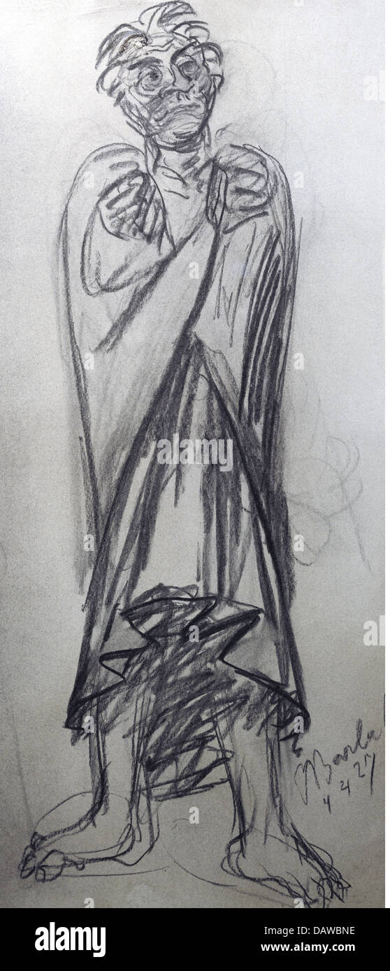 Belle arti, Barlach, Ernst (1870 - 1938), grafica, 'Der Entschlossene' (Il determinato), disegno a carboncino, 65,3 cm x 29 cm, Foto Stock