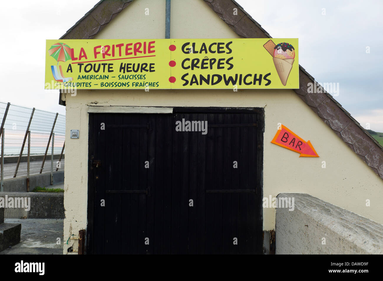 Francese del mare segno, chips, gelati Foto Stock