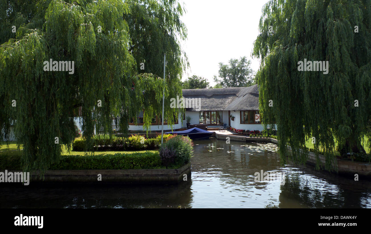 Con il tetto di paglia riverside home dal fiume Bure, Wroxham, Norfolk Broads, GB. Foto Stock