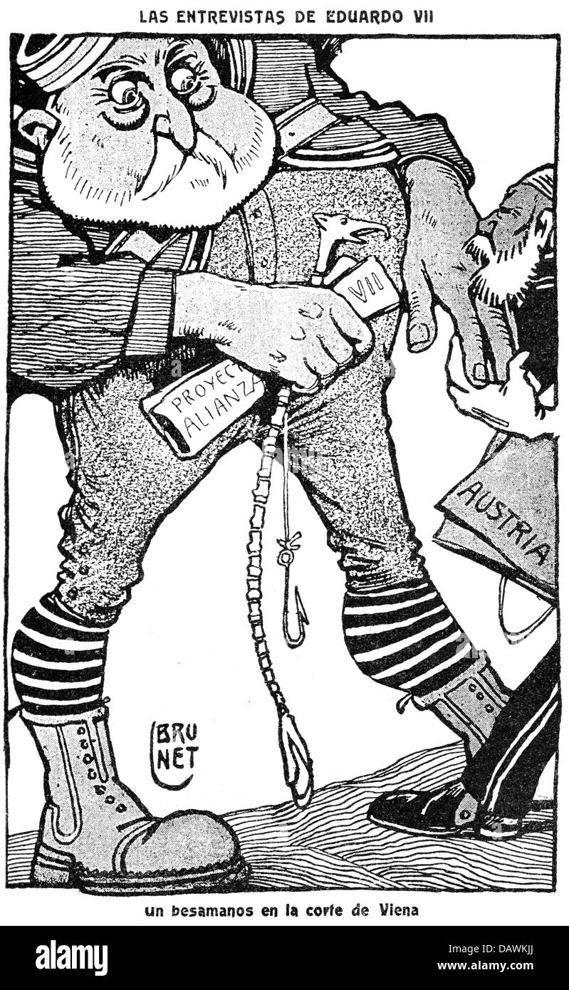 Edward VII, 9.11.1841 - 6.5.1910, re di Gran Bretagna 22.1.1901 - 6.5.1910, caricatura, 'un bacio sulla mano alla corte di Vienna', disegno di Llorenc Brunet (1873 - 1939), 'El Diluvio', Spagna, 1908, Foto Stock