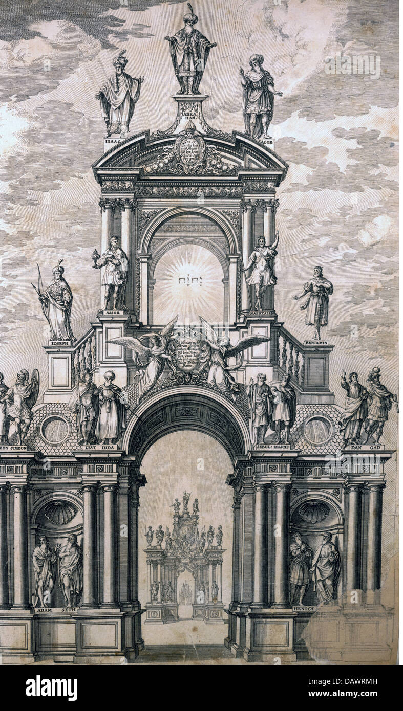 La religione, allegorie, Porta Trionfale, i patriarchi, incisione su rame, 'Historische Bilder-Bibel' da Johann Ulrich Krauss, Augsburg, 1700, collezione privata, , artista del diritto d'autore non deve essere cancellata Foto Stock