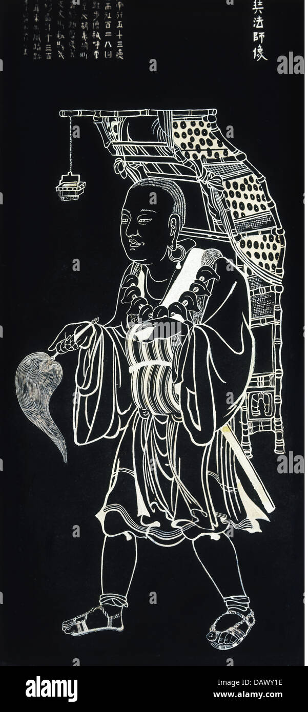 Belle arti, Cina, Brass Rubbing, monaco buddista Hsuean dsang ritornando nell'anno 645 con il Santo gli script Sankrit torna alla Cina, portante un bauletto di bambù con cieca con recipiente di incenso, per l adorazione del santo contenuto, fine del XIX secolo, copia dopo manca la lastra di pietra, Altezza: 139,5 cm, collezione privata, artista del diritto d'autore non deve essere cancellata Foto Stock