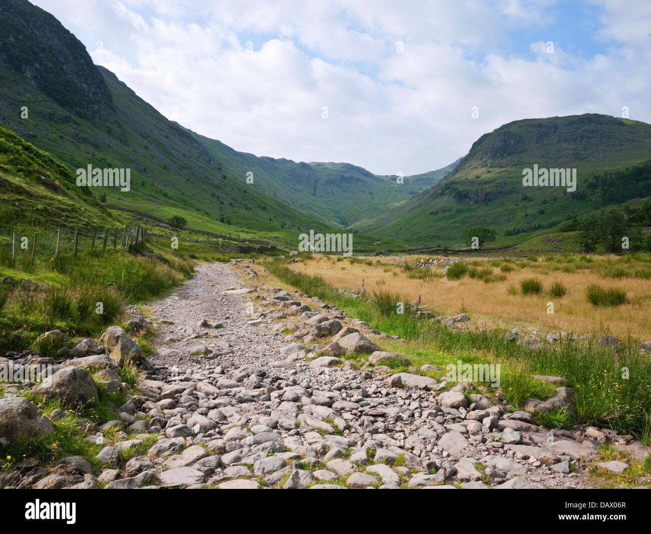 Via a Stockley ponte in prossimità di Seathwaite nella tomaia Borrowdale, nel distretto del lago. Glaramara sorge a sinistra e Seathwaite è sceso a destra Foto Stock